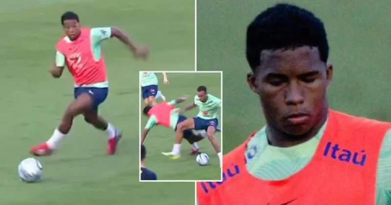 Endrick ngã nhào khi tranh chấp với trung vệ Gabriel trong buổi tập của tuyển Brazil